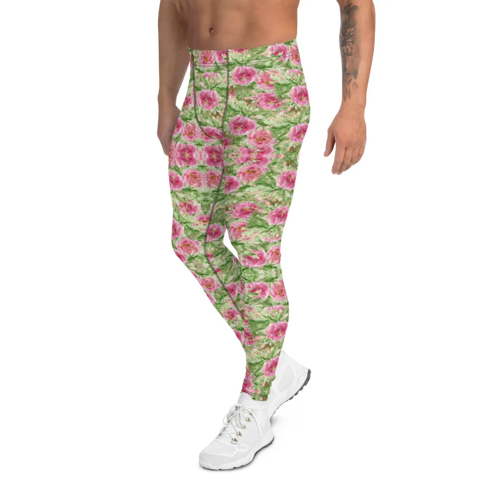 Flower Print Designer Men's Leggings, Pink Green Floral Printed Meggings-Made in USA/EU/MX