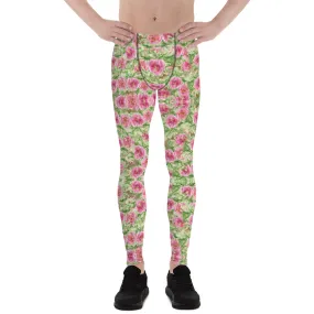 Flower Print Designer Men's Leggings, Pink Green Floral Printed Meggings-Made in USA/EU/MX