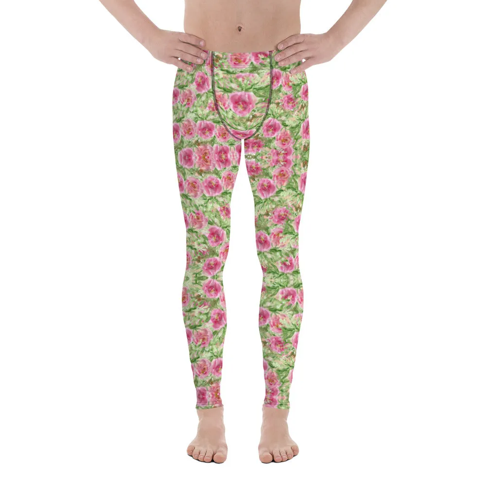 Flower Print Designer Men's Leggings, Pink Green Floral Printed Meggings-Made in USA/EU/MX