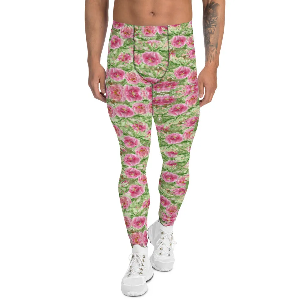 Flower Print Designer Men's Leggings, Pink Green Floral Printed Meggings-Made in USA/EU/MX
