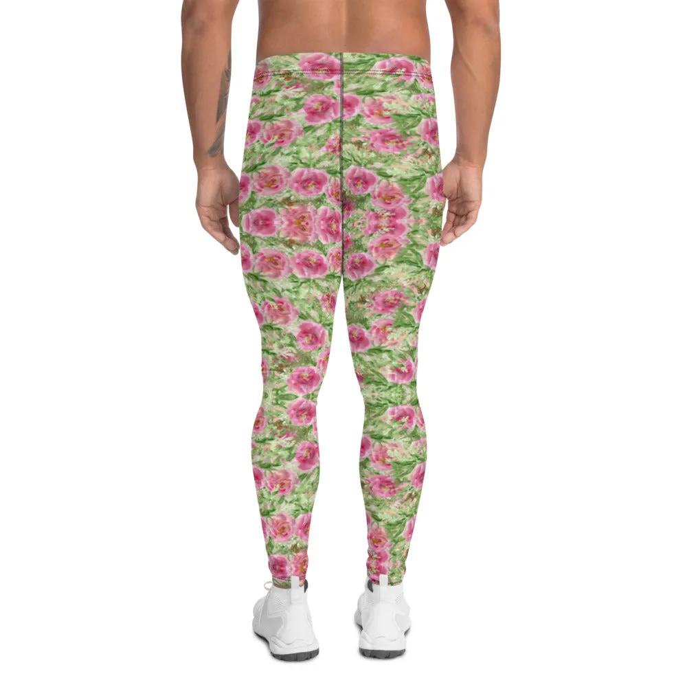 Flower Print Designer Men's Leggings, Pink Green Floral Printed Meggings-Made in USA/EU/MX