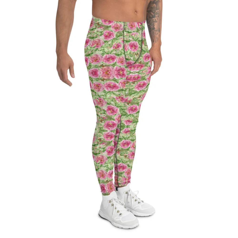 Flower Print Designer Men's Leggings, Pink Green Floral Printed Meggings-Made in USA/EU/MX