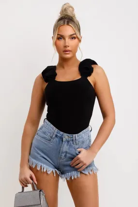 FRILL STRAP HALF SLEEVE RIBBED BODYSUIT BLACK
