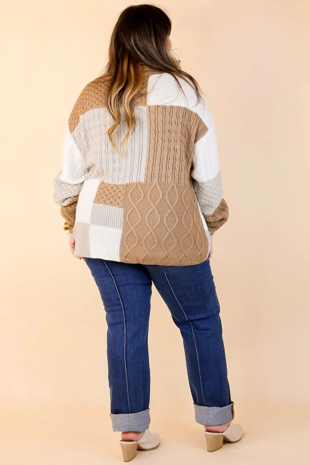 Frozen Lake Mix Knit Color Block Sweater in Ivory, Tan, and Grey