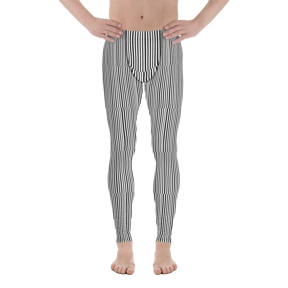 Fun Stripes Men's Leggings, Black White Vertical Striped Print Meggings-Made in USA/EU/MX