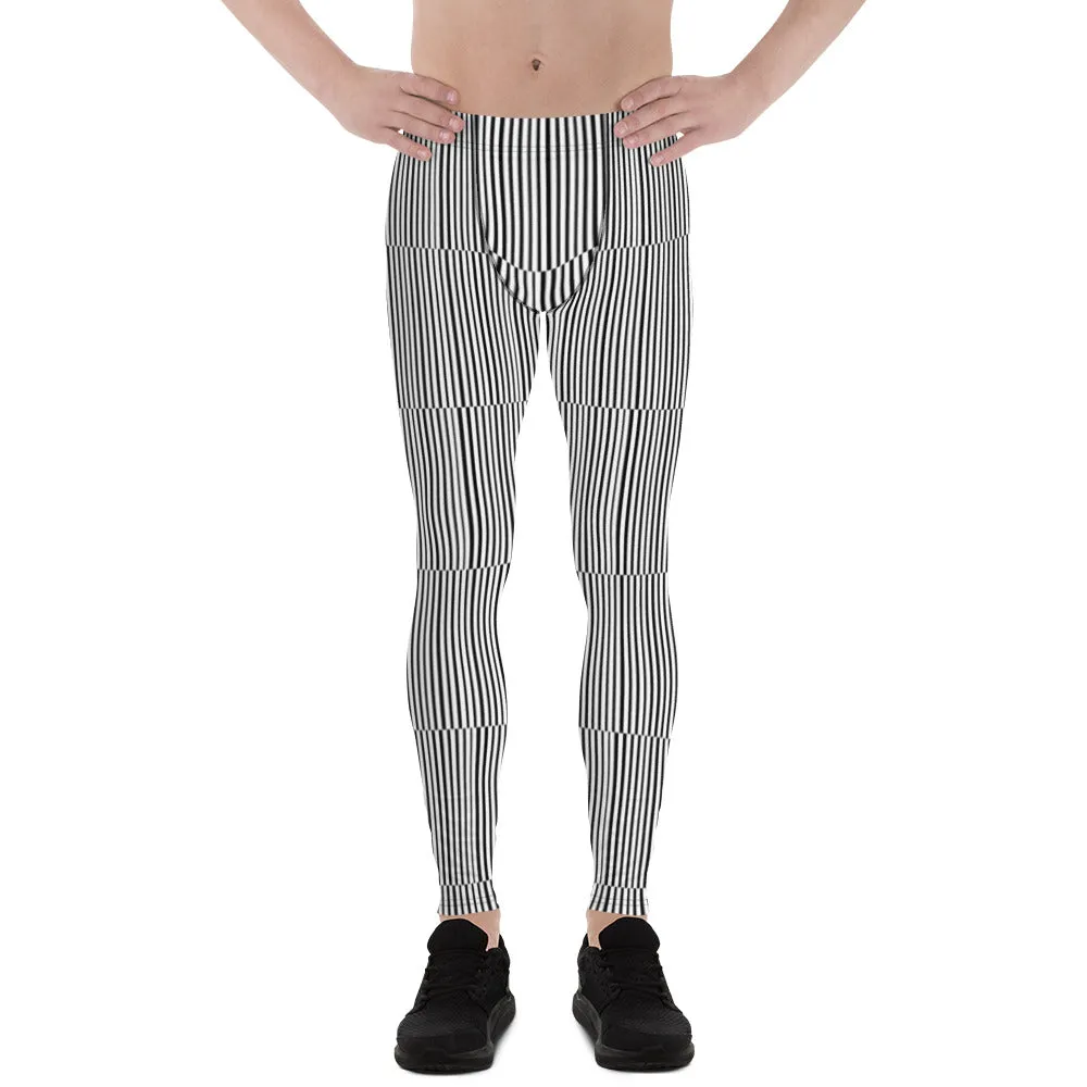 Fun Stripes Men's Leggings, Black White Vertical Striped Print Meggings-Made in USA/EU/MX