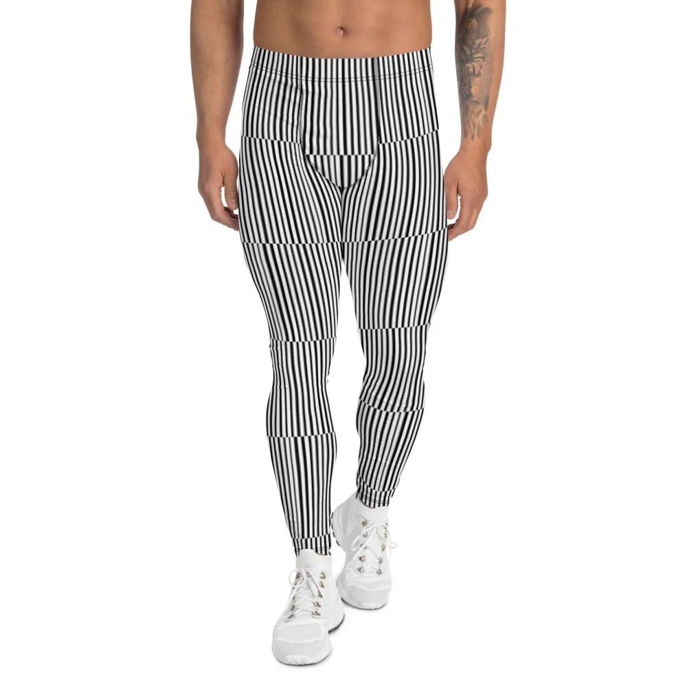 Fun Stripes Men's Leggings, Black White Vertical Striped Print Meggings-Made in USA/EU/MX