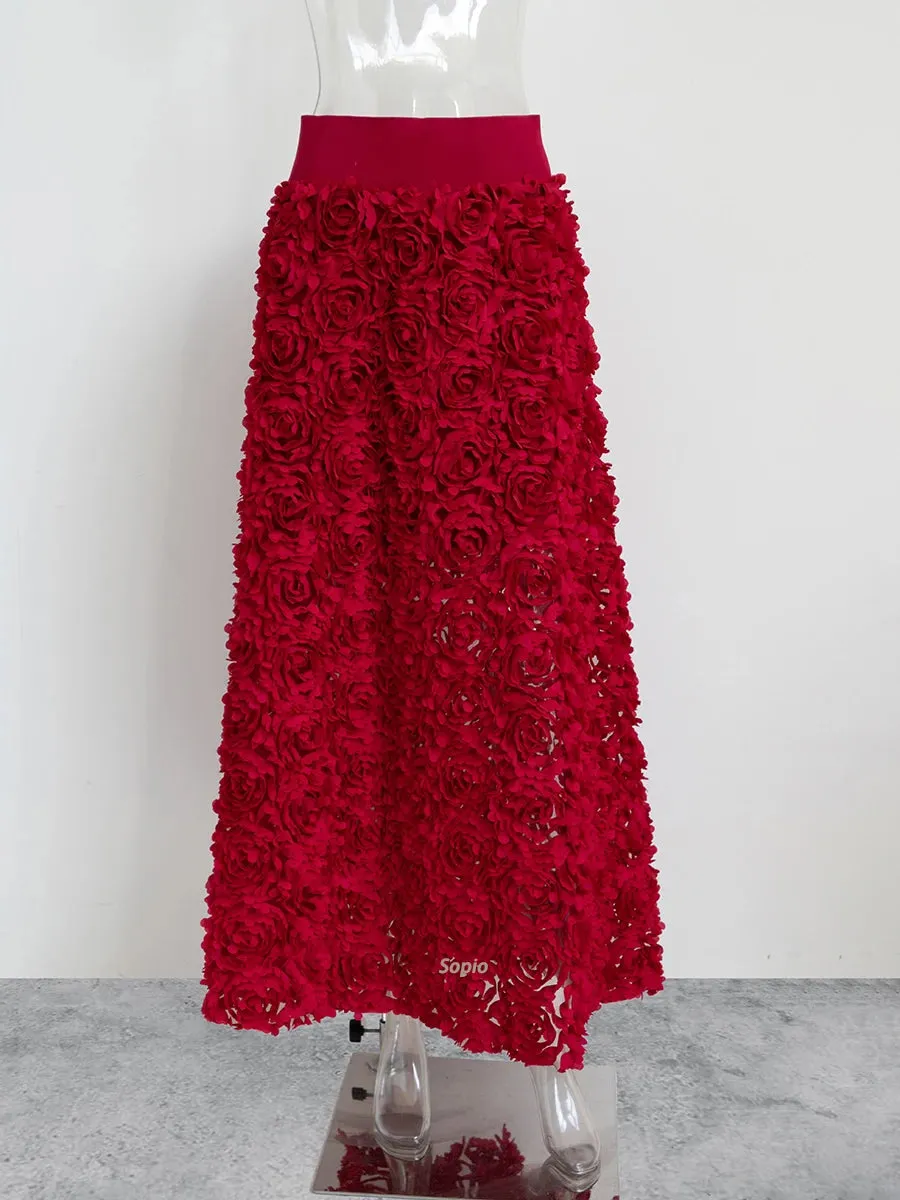 Girlary Autumn New Flower Petal Long Skirt 2024 High Waist Elegant Evening Party Red Maxi Skirt Streetwear Fashion Vintage Faldas Bottom