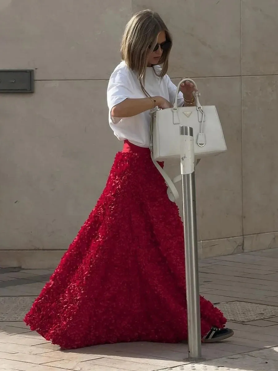Girlary Autumn New Flower Petal Long Skirt 2024 High Waist Elegant Evening Party Red Maxi Skirt Streetwear Fashion Vintage Faldas Bottom