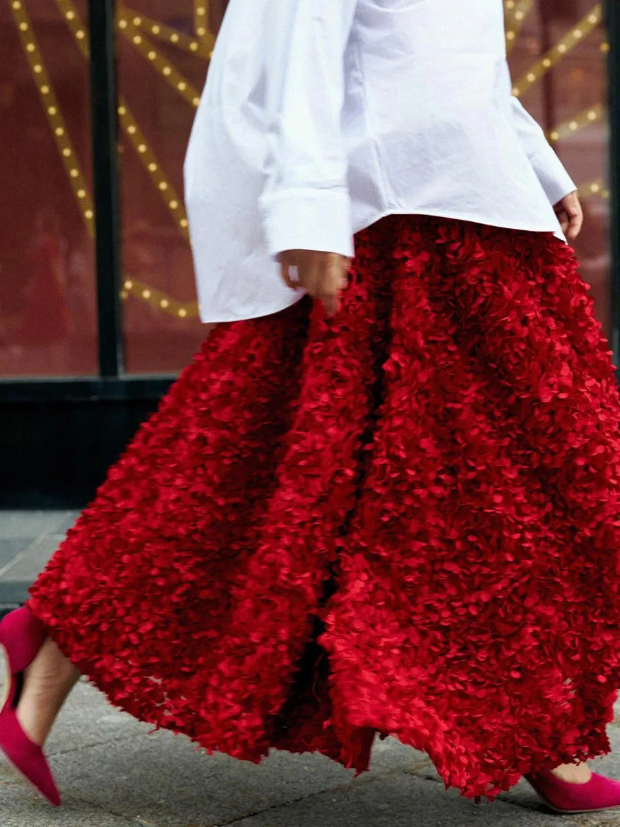 Girlary Autumn New Flower Petal Long Skirt 2024 High Waist Elegant Evening Party Red Maxi Skirt Streetwear Fashion Vintage Faldas Bottom