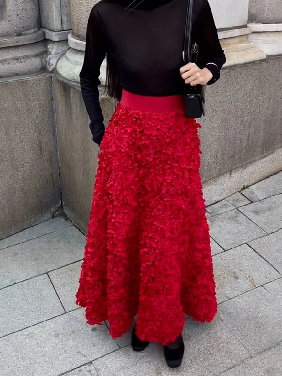 Girlary Autumn New Flower Petal Long Skirt 2024 High Waist Elegant Evening Party Red Maxi Skirt Streetwear Fashion Vintage Faldas Bottom