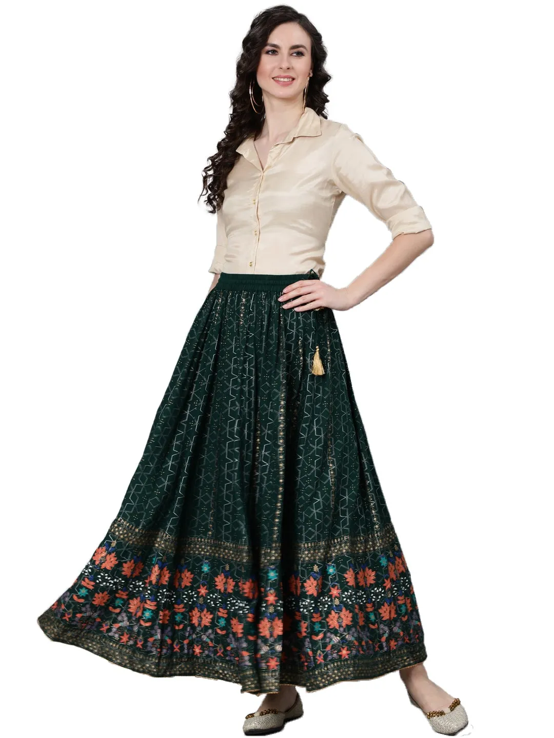 Green Gold Printed Flared Skirt
