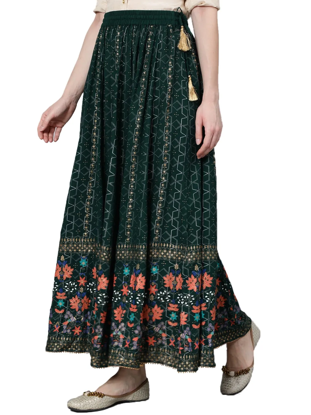 Green Gold Printed Flared Skirt