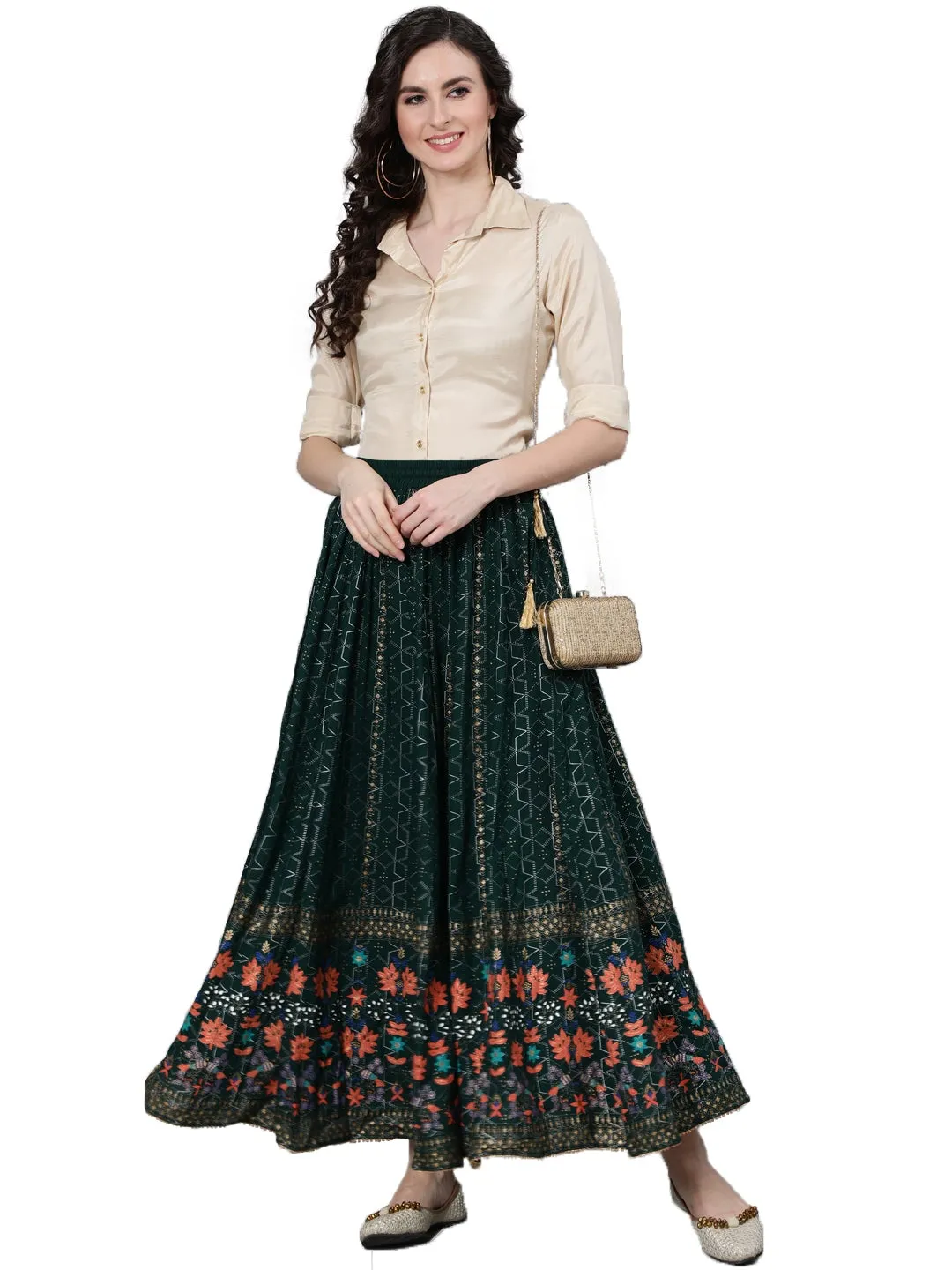 Green Gold Printed Flared Skirt
