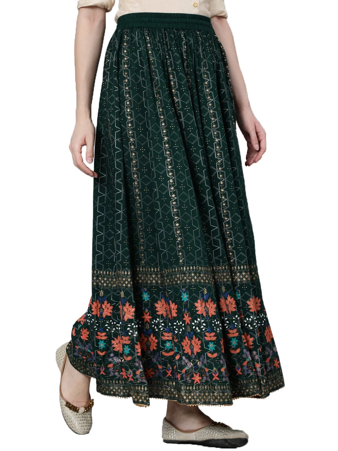 Green Gold Printed Flared Skirt