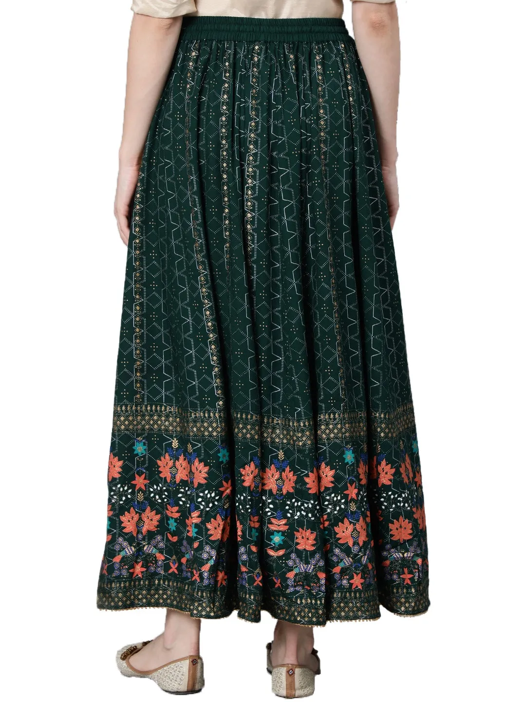 Green Gold Printed Flared Skirt