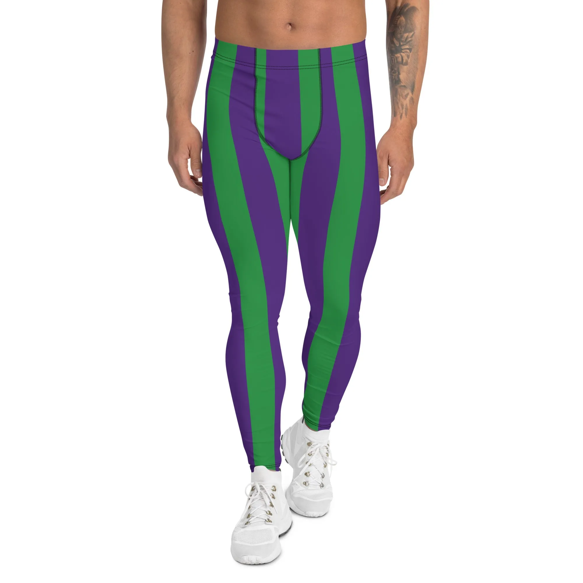 Green Purple Stripes Men's Leggings, Vertically Striped Meggings Running Tights-Made in USA/EU/MX