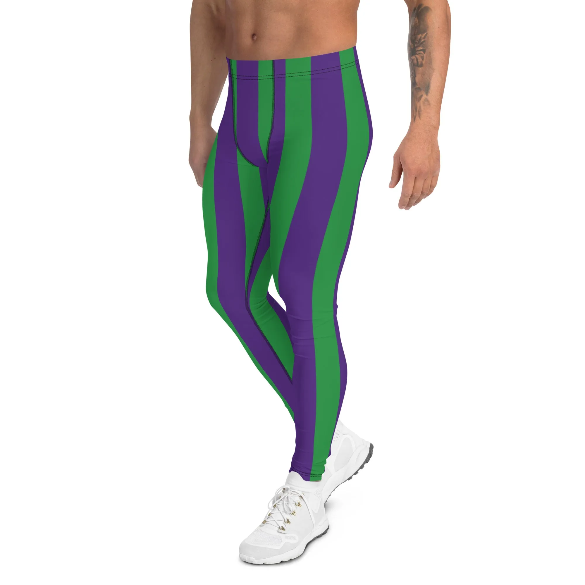 Green Purple Stripes Men's Leggings, Vertically Striped Meggings Running Tights-Made in USA/EU/MX