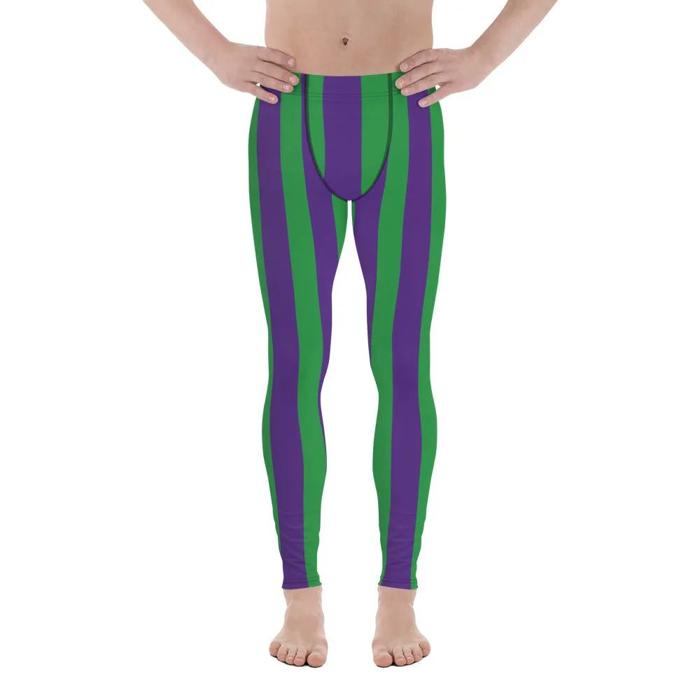 Green Purple Stripes Men's Leggings, Vertically Striped Meggings Running Tights-Made in USA/EU/MX