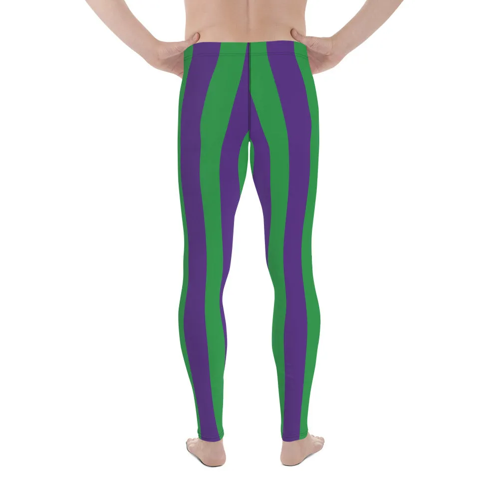Green Purple Stripes Men's Leggings, Vertically Striped Meggings Running Tights-Made in USA/EU/MX