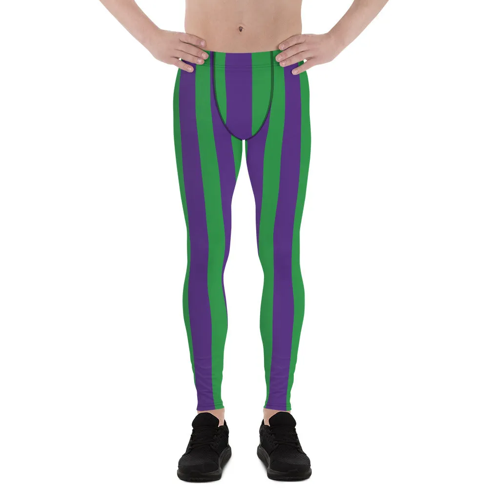 Green Purple Stripes Men's Leggings, Vertically Striped Meggings Running Tights-Made in USA/EU/MX