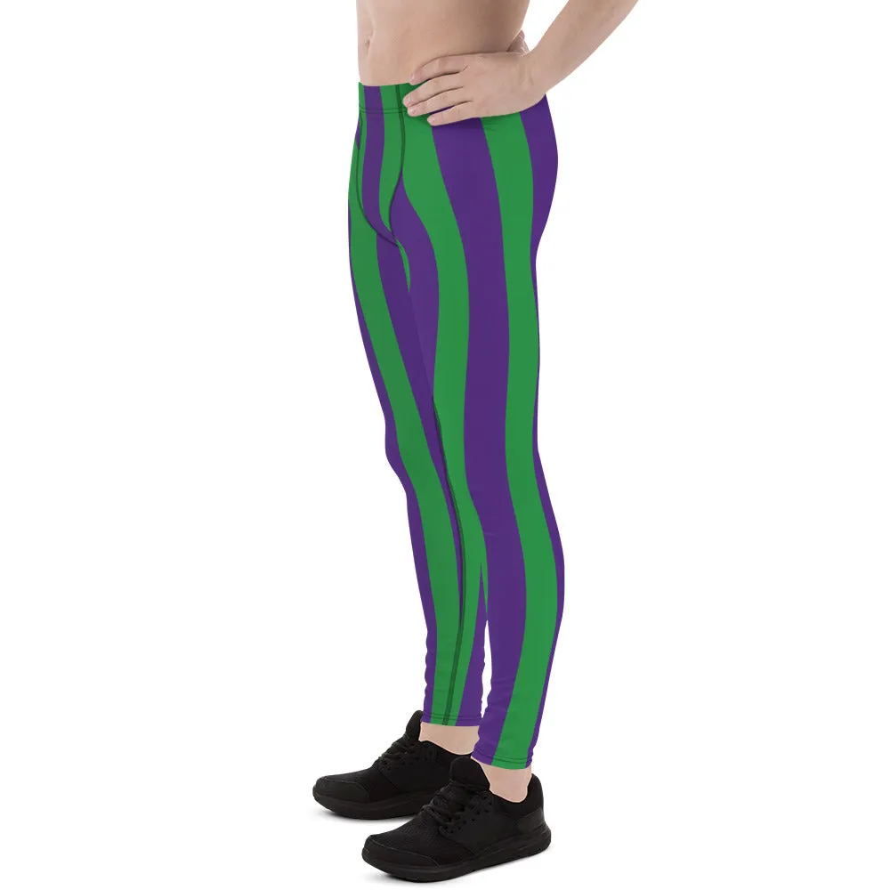 Green Purple Stripes Men's Leggings, Vertically Striped Meggings Running Tights-Made in USA/EU/MX