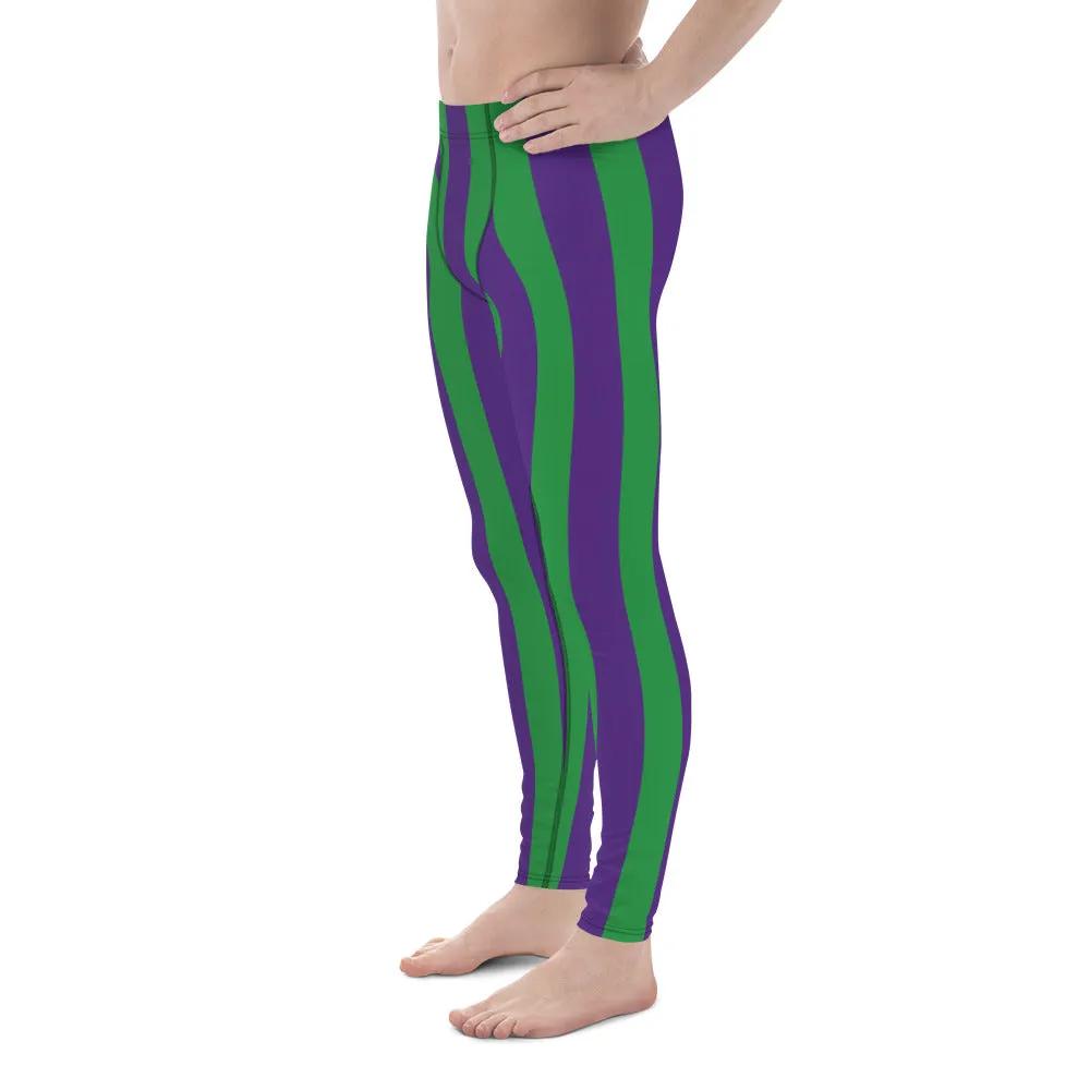 Green Purple Stripes Men's Leggings, Vertically Striped Meggings Running Tights-Made in USA/EU/MX