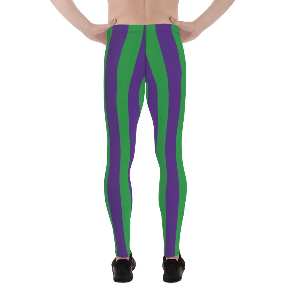 Green Purple Stripes Men's Leggings, Vertically Striped Meggings Running Tights-Made in USA/EU/MX