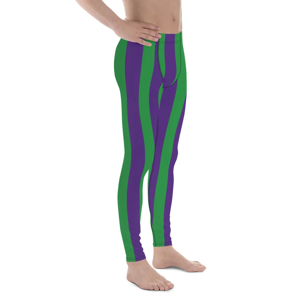 Green Purple Stripes Men's Leggings, Vertically Striped Meggings Running Tights-Made in USA/EU/MX
