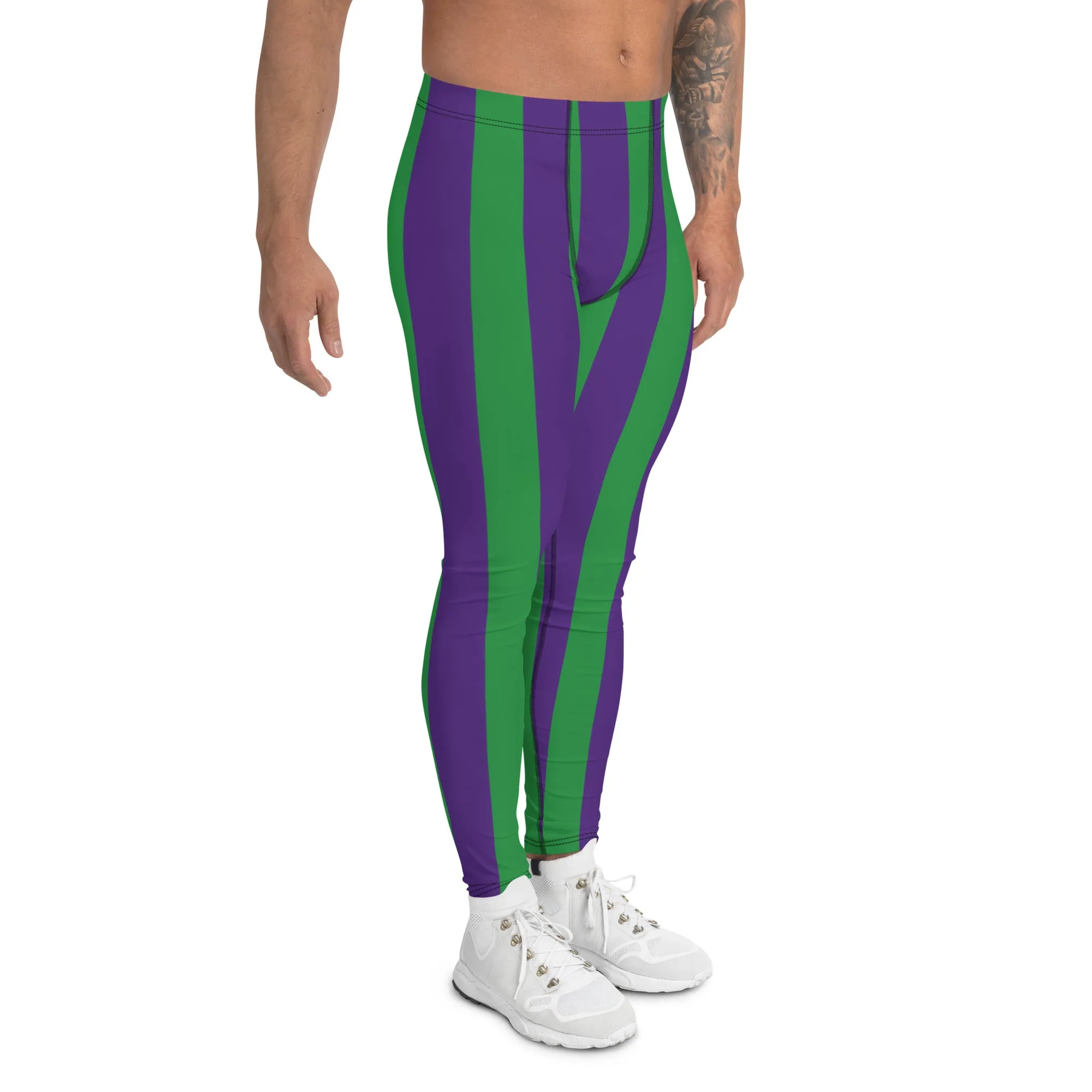 Green Purple Stripes Men's Leggings, Vertically Striped Meggings Running Tights-Made in USA/EU/MX