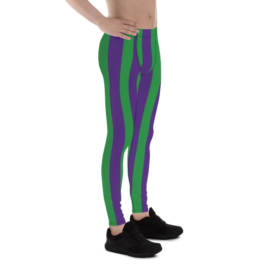 Green Purple Stripes Men's Leggings, Vertically Striped Meggings Running Tights-Made in USA/EU/MX