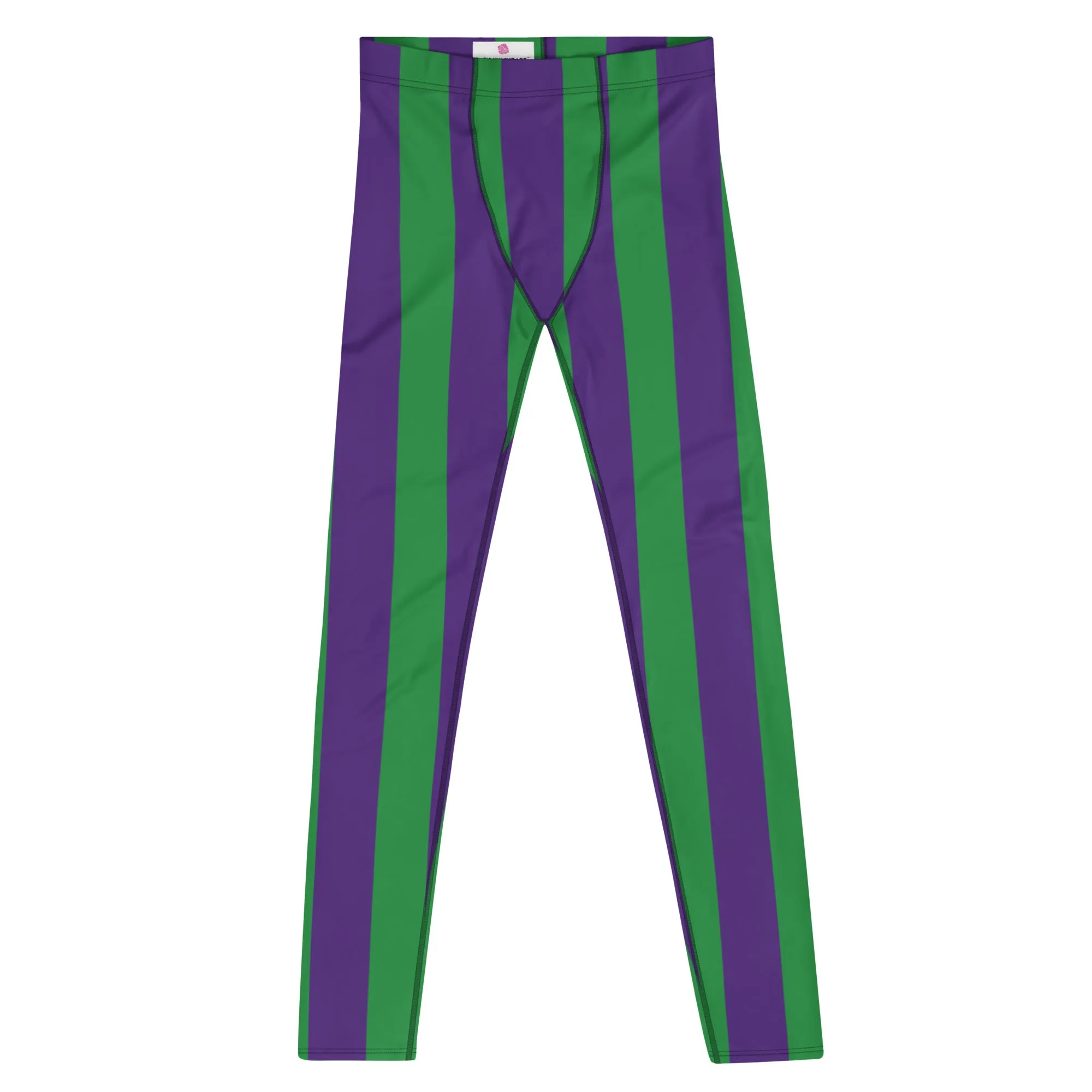 Green Purple Stripes Men's Leggings, Vertically Striped Meggings Running Tights-Made in USA/EU/MX