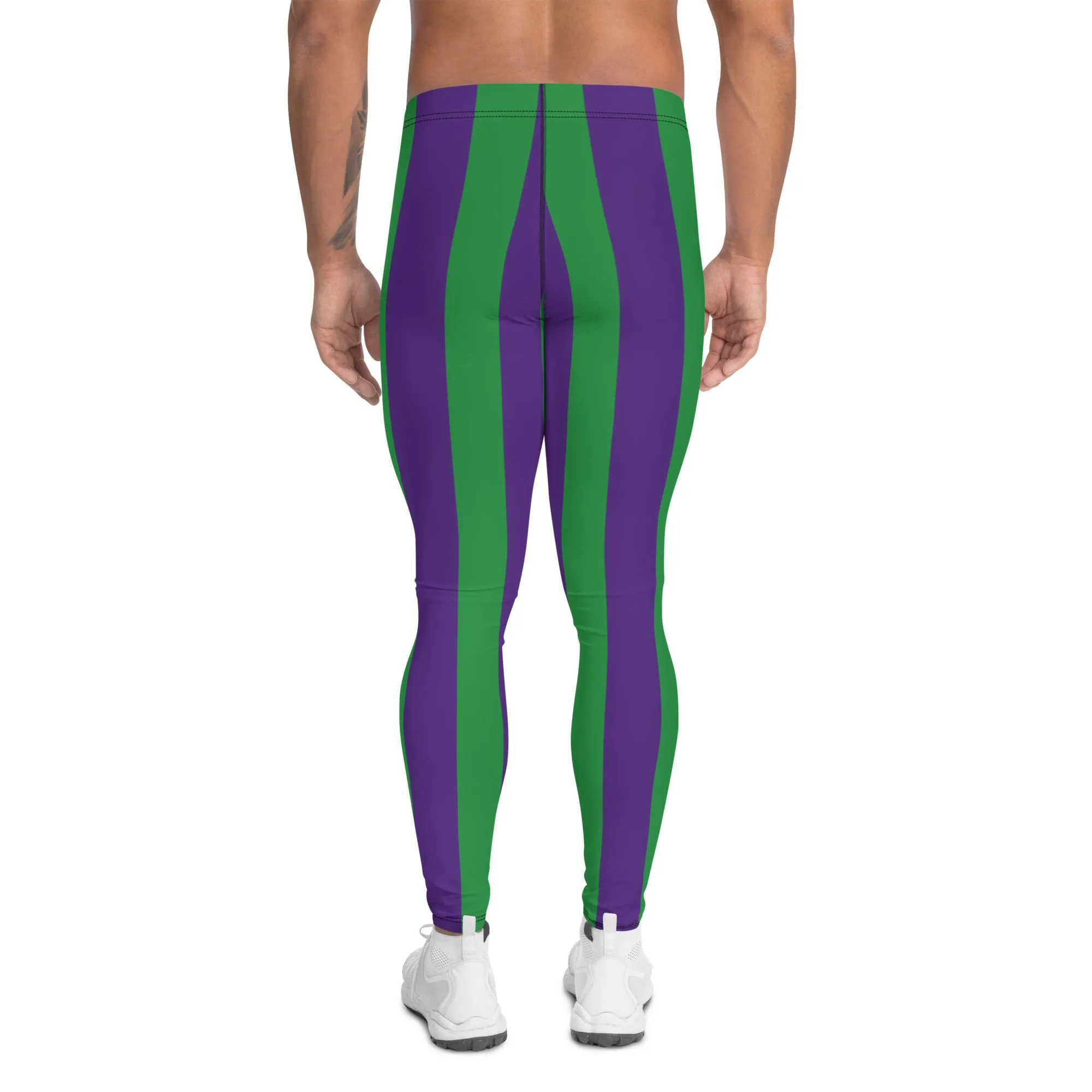 Green Purple Stripes Men's Leggings, Vertically Striped Meggings Running Tights-Made in USA/EU/MX