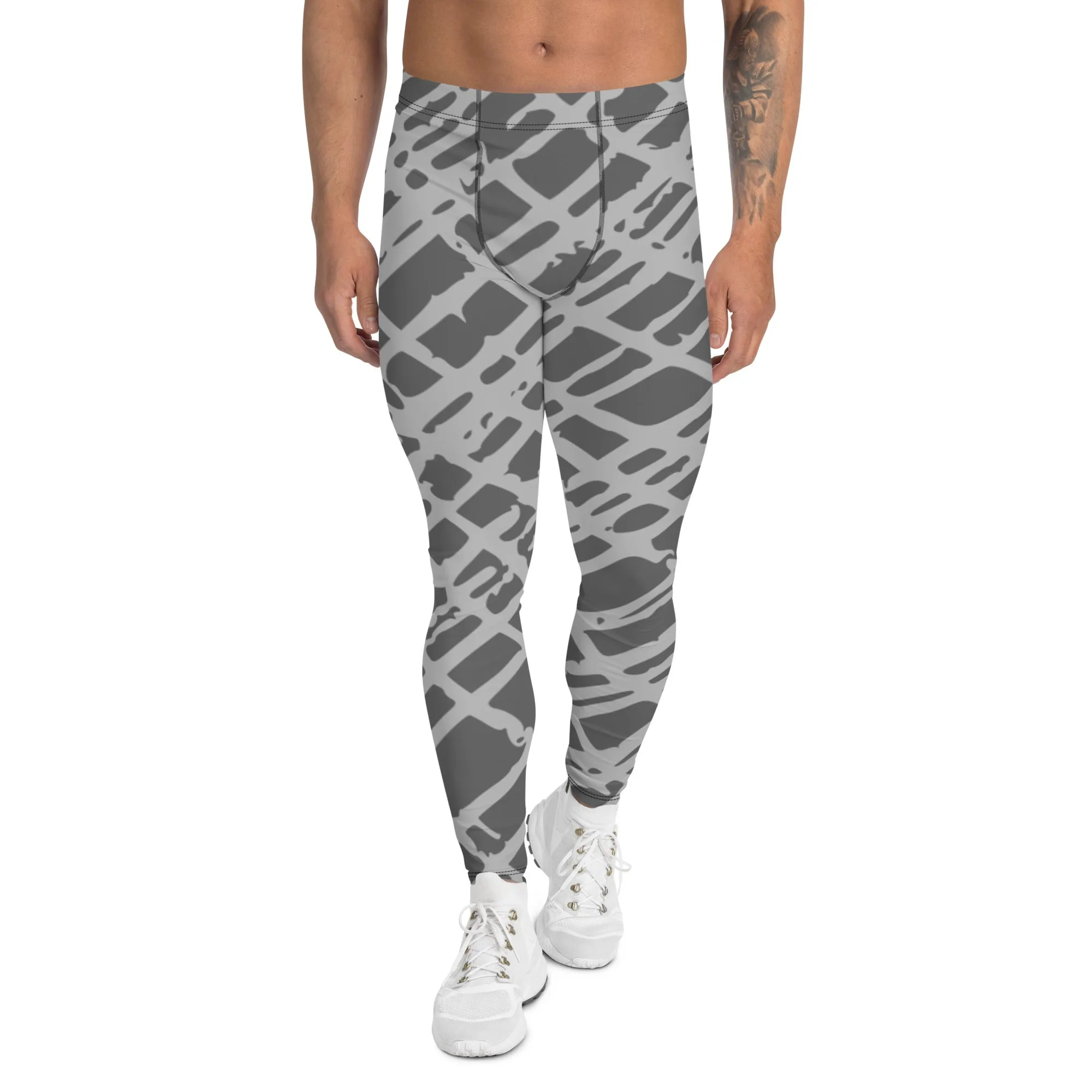 Grey Abstract Best Men's Leggings, Grey Meggings Running Tights For Men-Made in USA/EU/MX