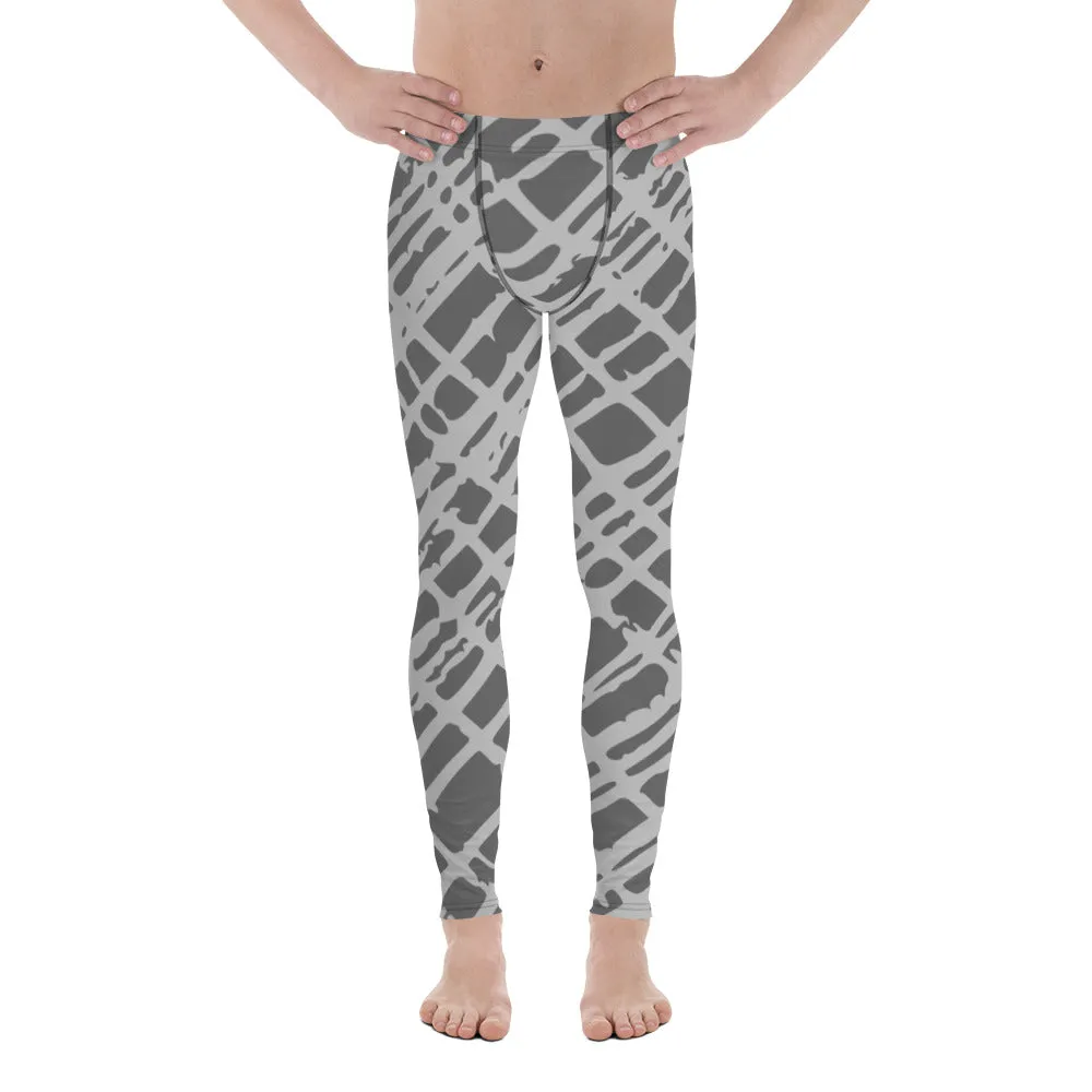 Grey Abstract Best Men's Leggings, Grey Meggings Running Tights For Men-Made in USA/EU/MX