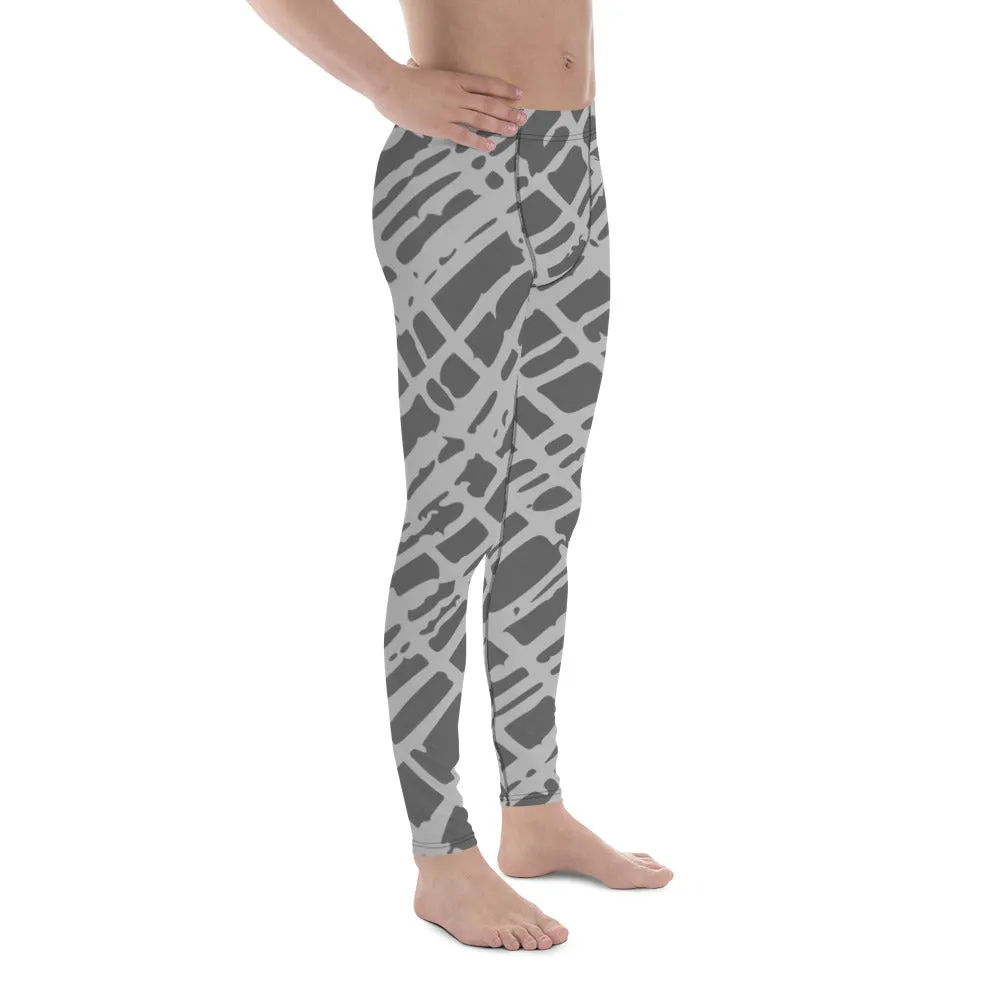 Grey Abstract Best Men's Leggings, Grey Meggings Running Tights For Men-Made in USA/EU/MX