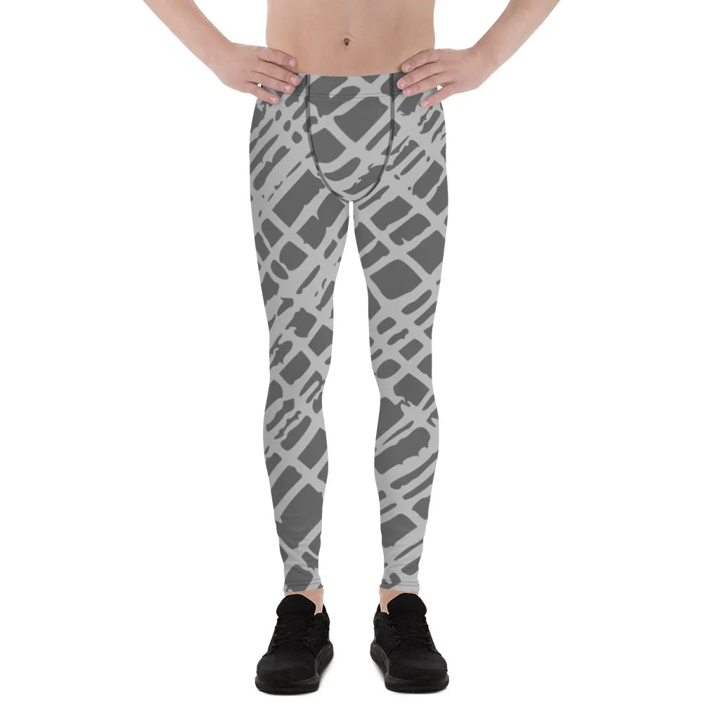 Grey Abstract Best Men's Leggings, Grey Meggings Running Tights For Men-Made in USA/EU/MX