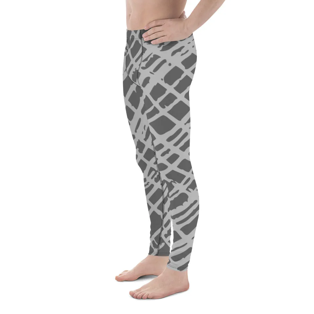 Grey Abstract Best Men's Leggings, Grey Meggings Running Tights For Men-Made in USA/EU/MX