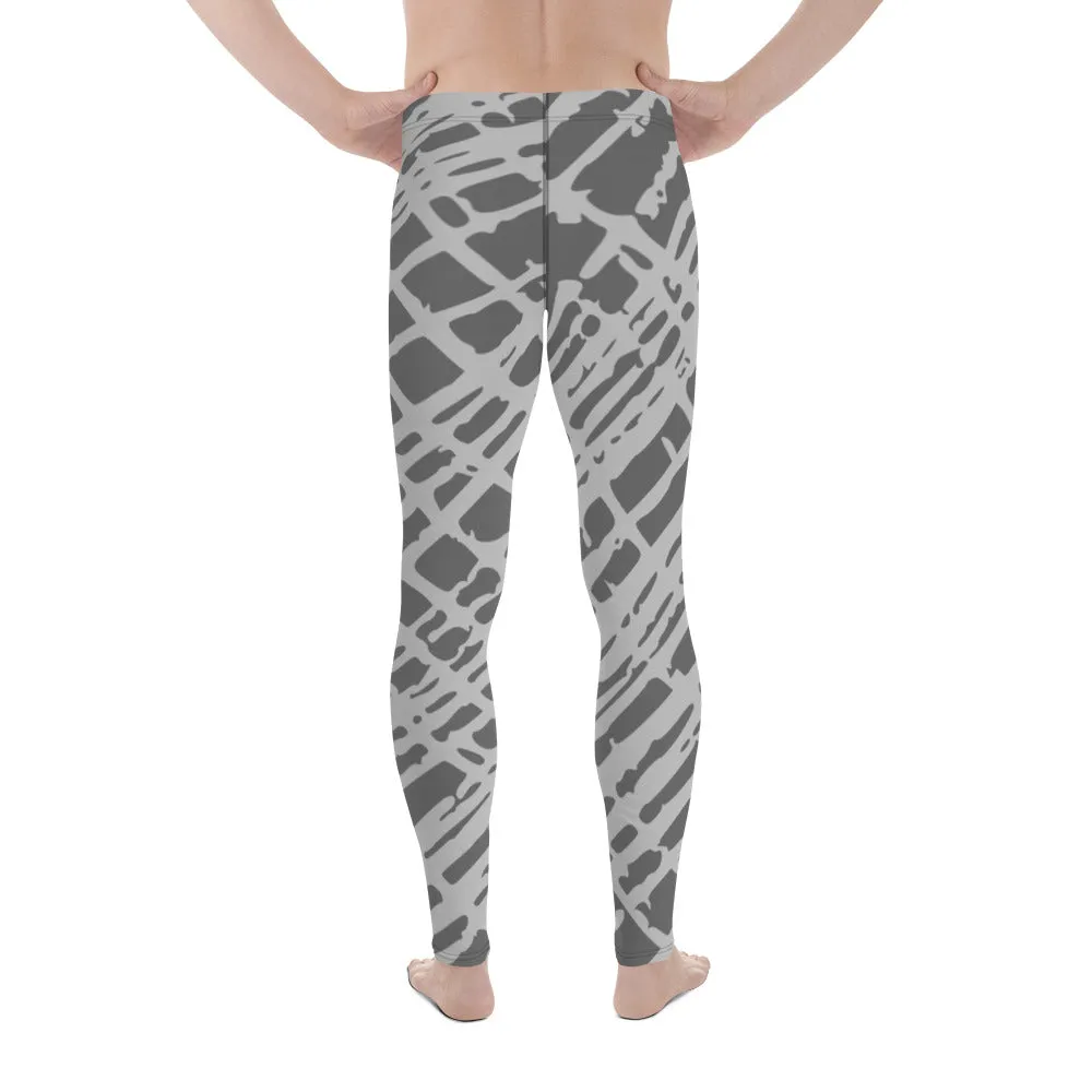 Grey Abstract Best Men's Leggings, Grey Meggings Running Tights For Men-Made in USA/EU/MX