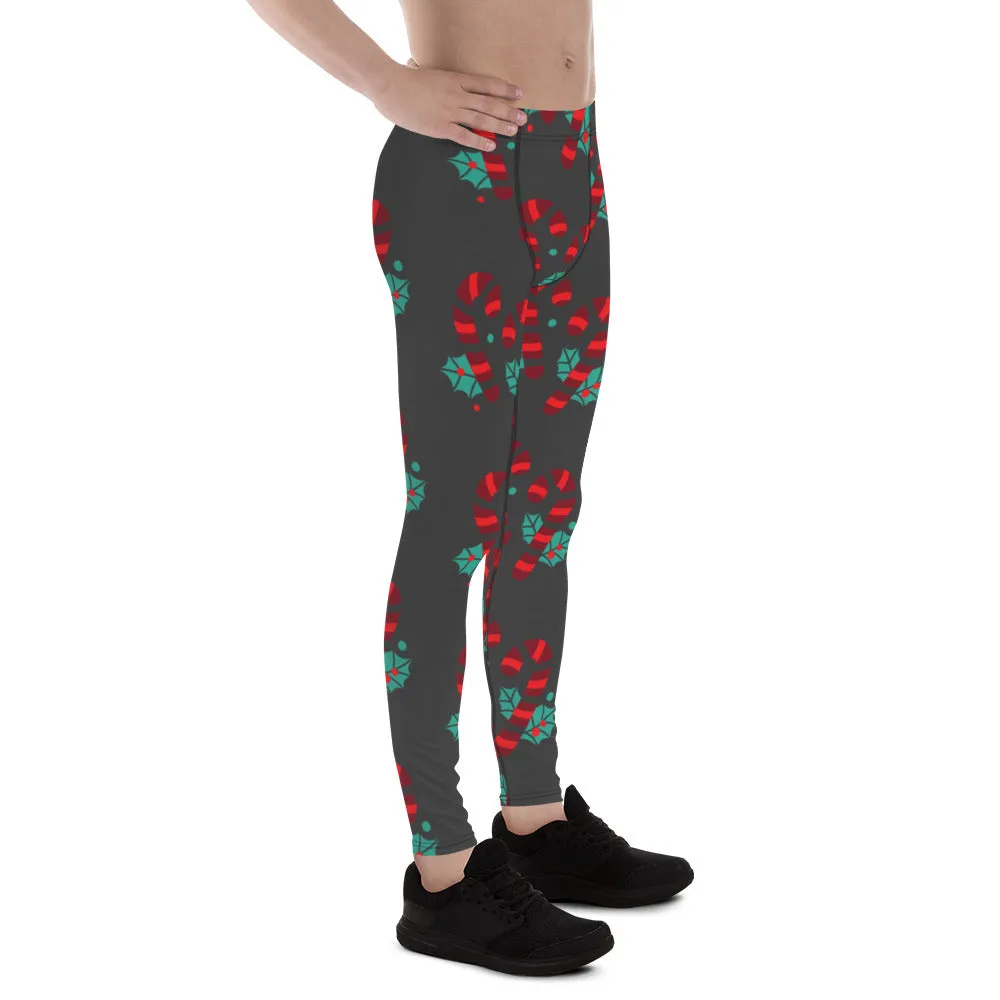 Grey Candy Cane Men's Leggings, Grey and Red Colorful Christmas Candy Cane Style Gym Tights For Men - Made in USA/EU/MX