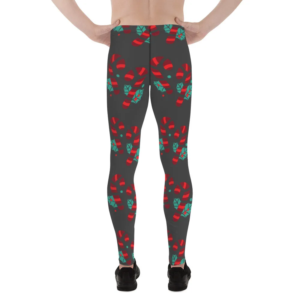 Grey Candy Cane Men's Leggings, Grey and Red Colorful Christmas Candy Cane Style Gym Tights For Men - Made in USA/EU/MX