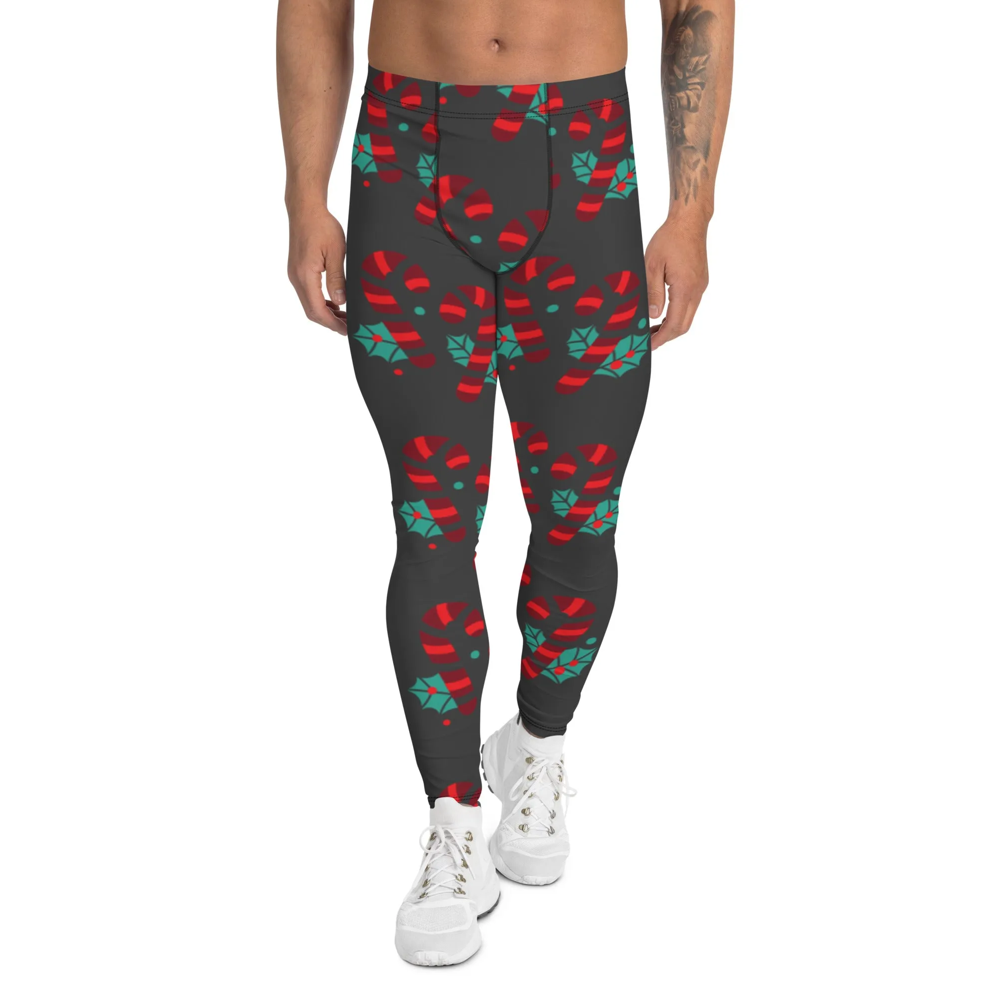 Grey Candy Cane Men's Leggings, Grey and Red Colorful Christmas Candy Cane Style Gym Tights For Men - Made in USA/EU/MX