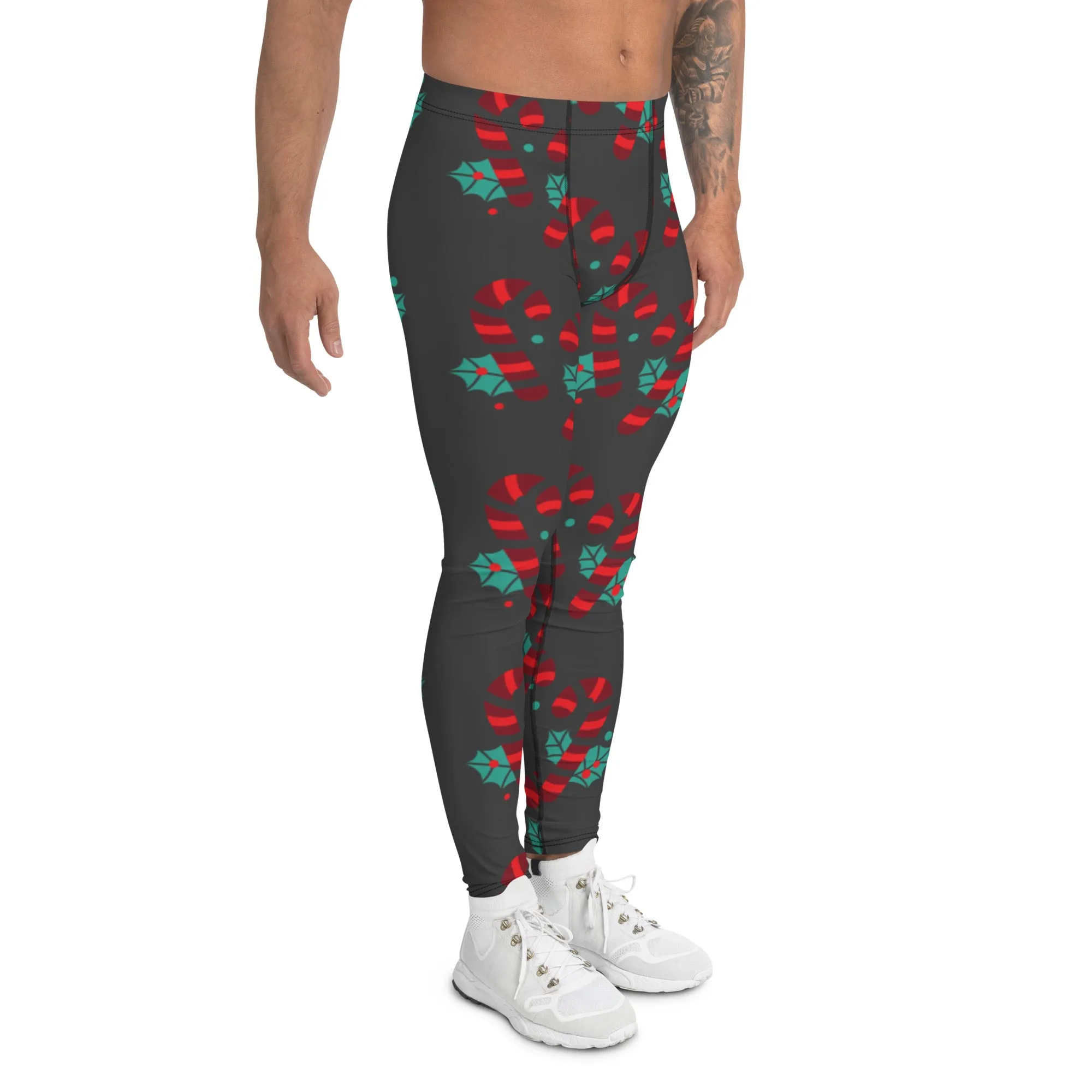 Grey Candy Cane Men's Leggings, Grey and Red Colorful Christmas Candy Cane Style Gym Tights For Men - Made in USA/EU/MX
