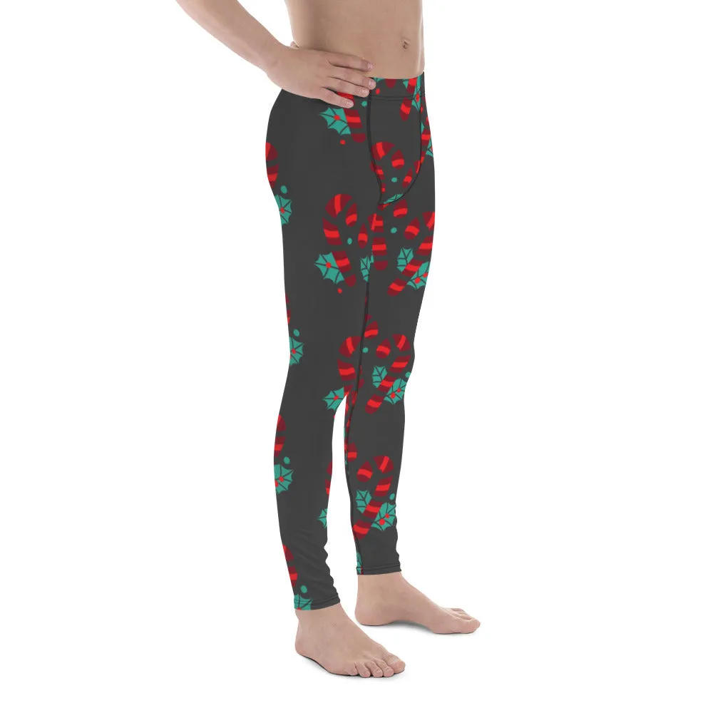 Grey Candy Cane Men's Leggings, Grey and Red Colorful Christmas Candy Cane Style Gym Tights For Men - Made in USA/EU/MX