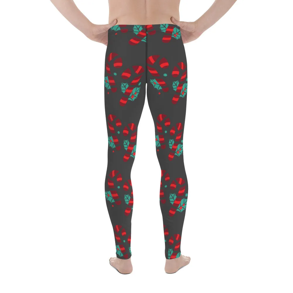 Grey Candy Cane Men's Leggings, Grey and Red Colorful Christmas Candy Cane Style Gym Tights For Men - Made in USA/EU/MX