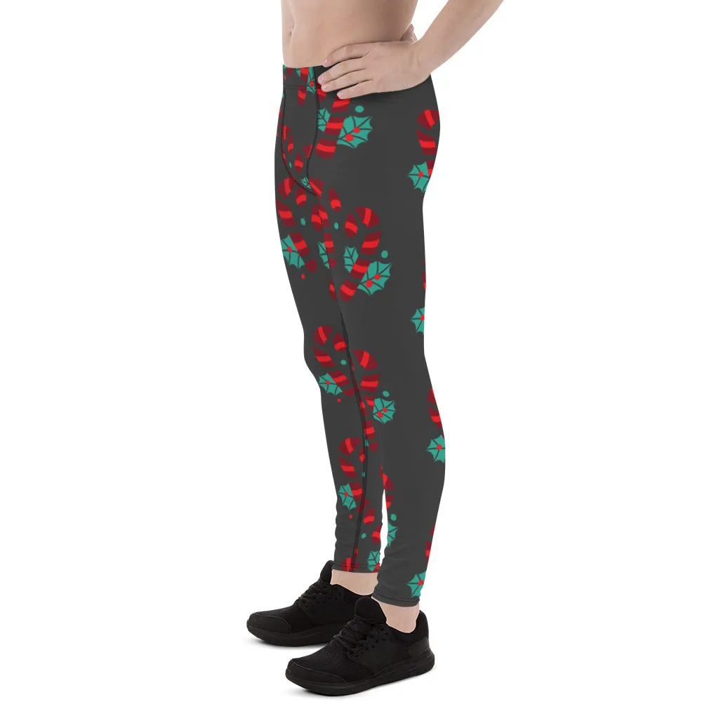 Grey Candy Cane Men's Leggings, Grey and Red Colorful Christmas Candy Cane Style Gym Tights For Men - Made in USA/EU/MX