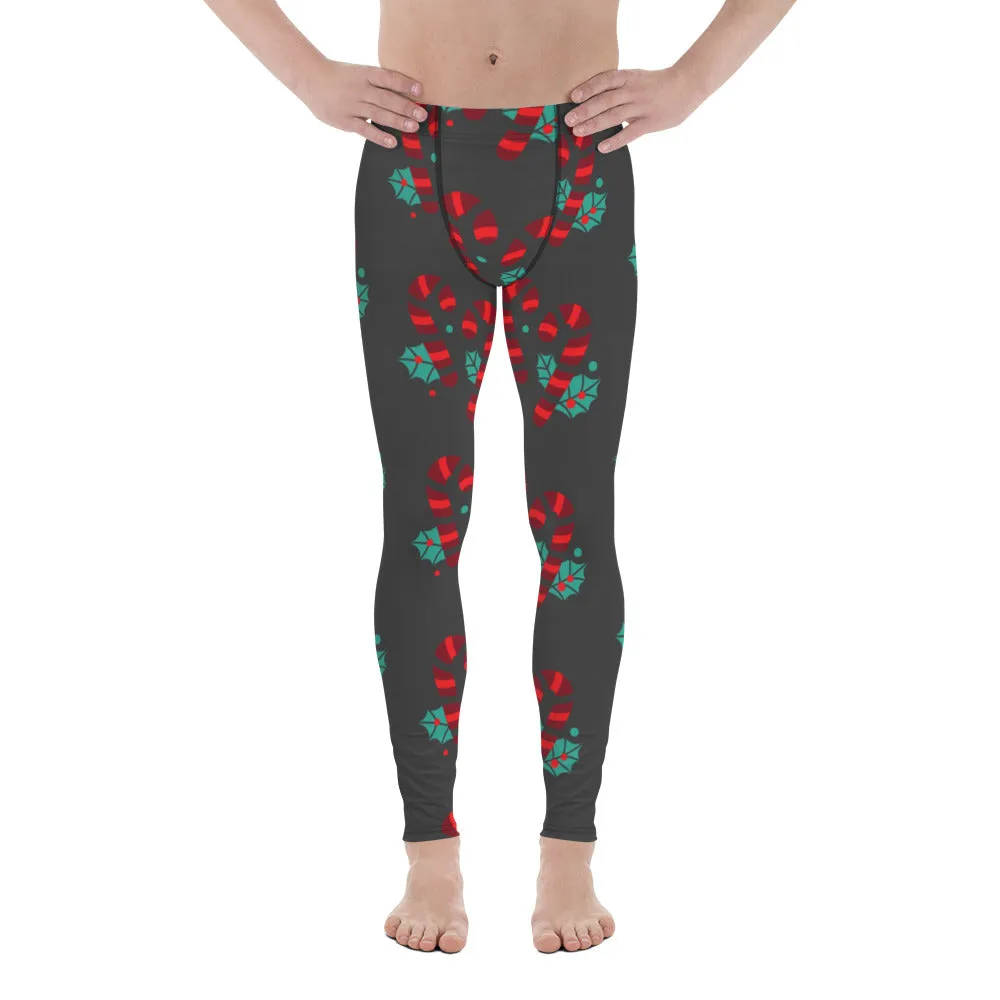 Grey Candy Cane Men's Leggings, Grey and Red Colorful Christmas Candy Cane Style Gym Tights For Men - Made in USA/EU/MX