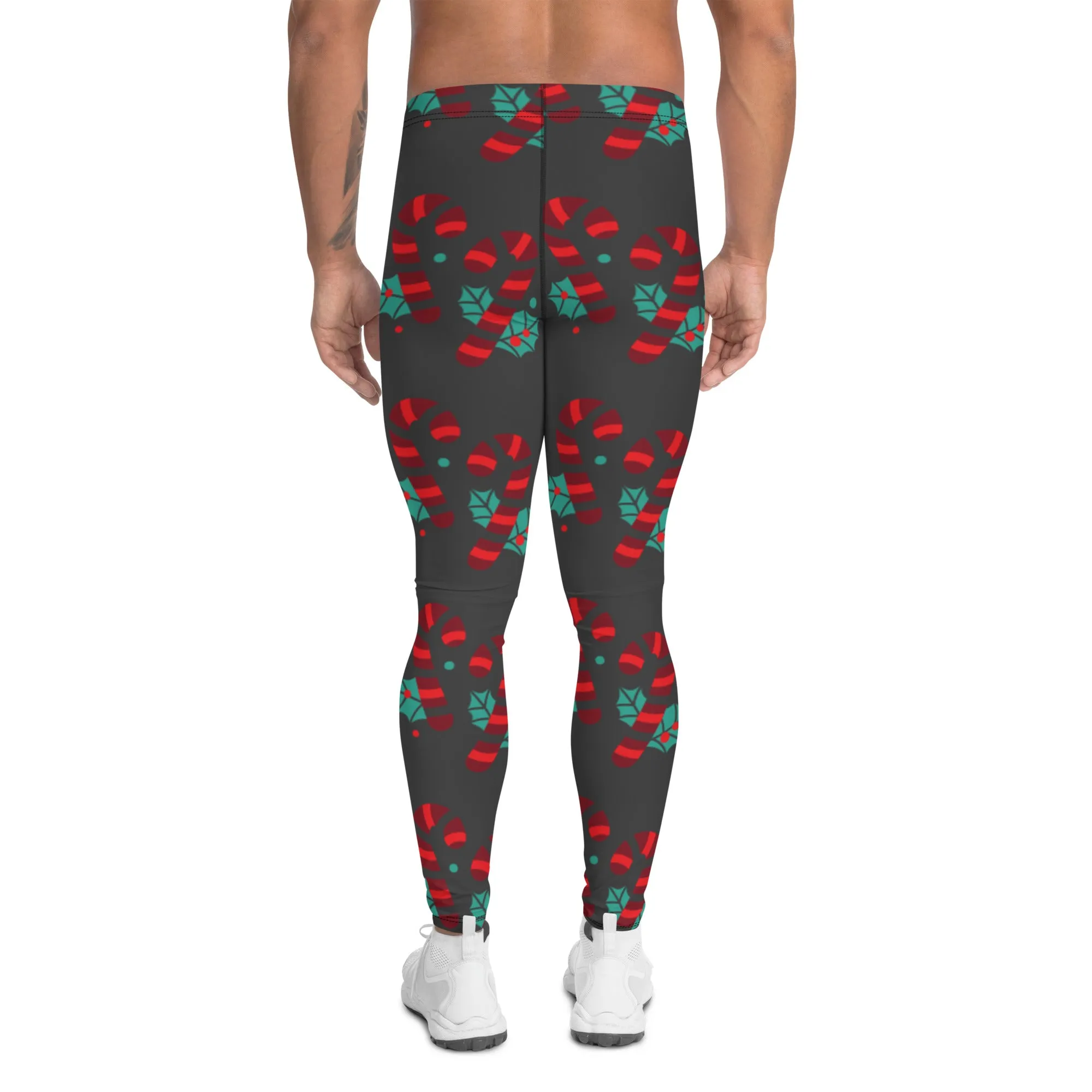 Grey Candy Cane Men's Leggings, Grey and Red Colorful Christmas Candy Cane Style Gym Tights For Men - Made in USA/EU/MX