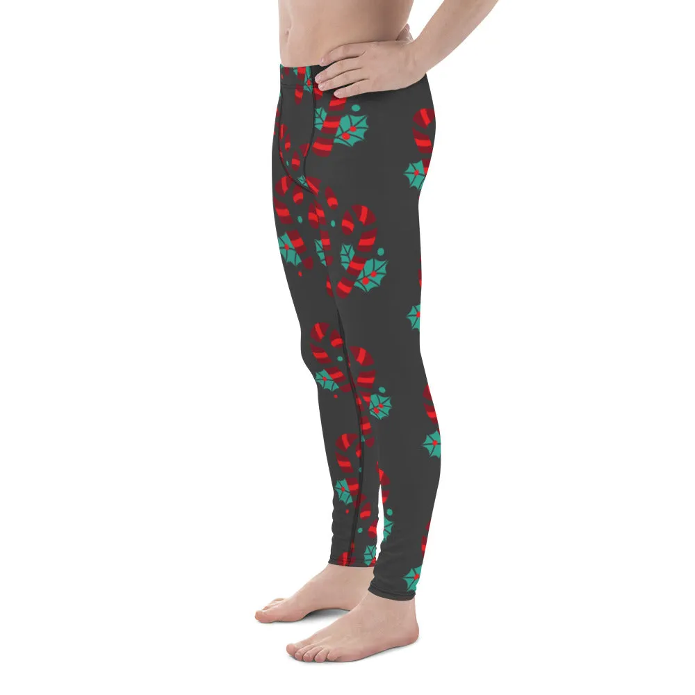 Grey Candy Cane Men's Leggings, Grey and Red Colorful Christmas Candy Cane Style Gym Tights For Men - Made in USA/EU/MX