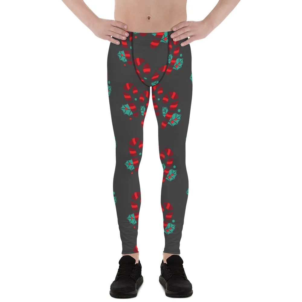 Grey Candy Cane Men's Leggings, Grey and Red Colorful Christmas Candy Cane Style Gym Tights For Men - Made in USA/EU/MX